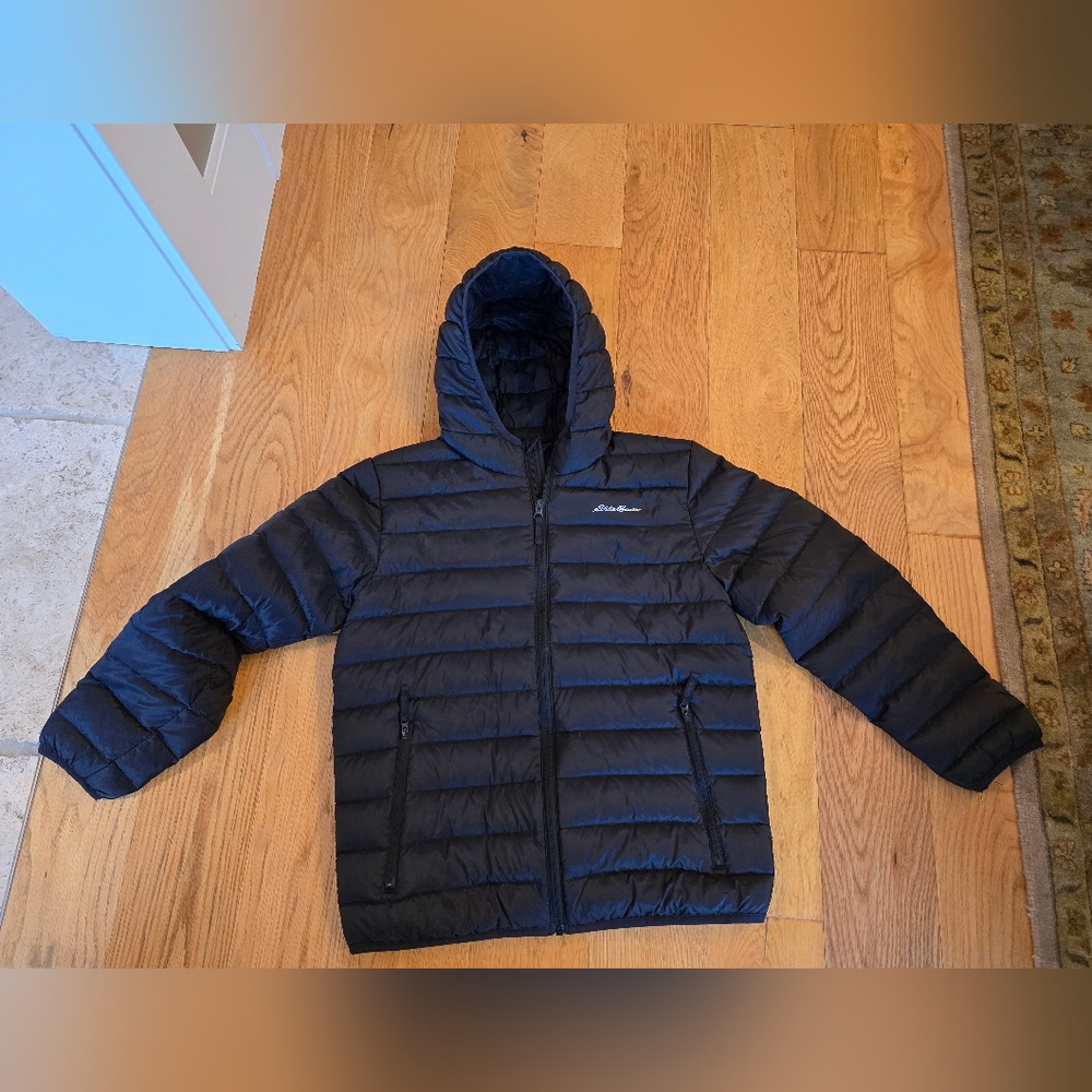 Eddie Bauer Kids sz L Down Jacket Coat Black Navy Blue Winter Ski Puffer